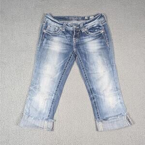 Miss Me Jeans Womens 26 Easy Capri Distressed Cuffed Cropped Denim Rhinestone